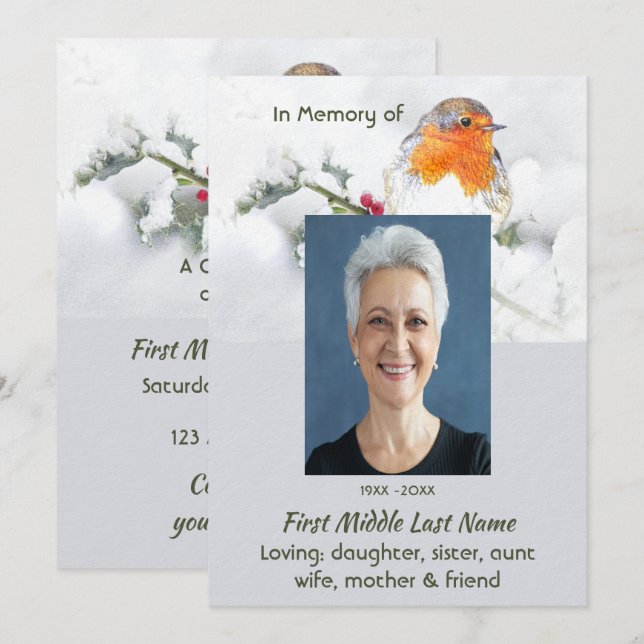 Convites Celebration of Life Service  English Robin Bird (Frente/Verso)