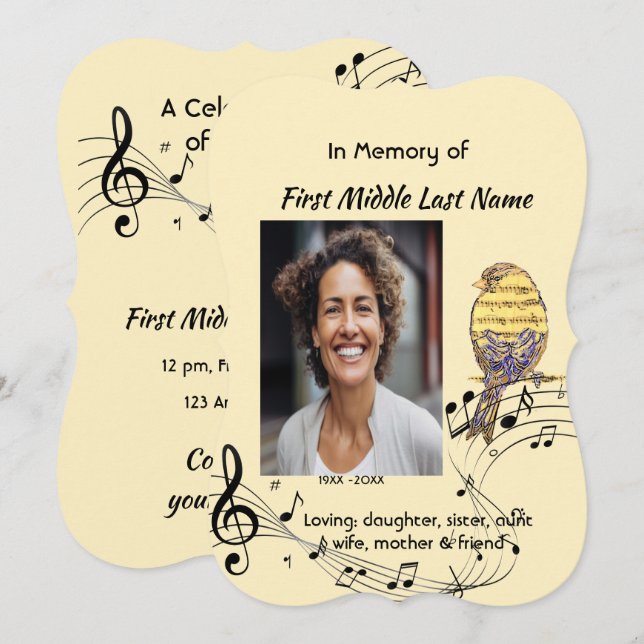 Convites Celebration of Life Service Invite Music Bird (Frente/Verso)