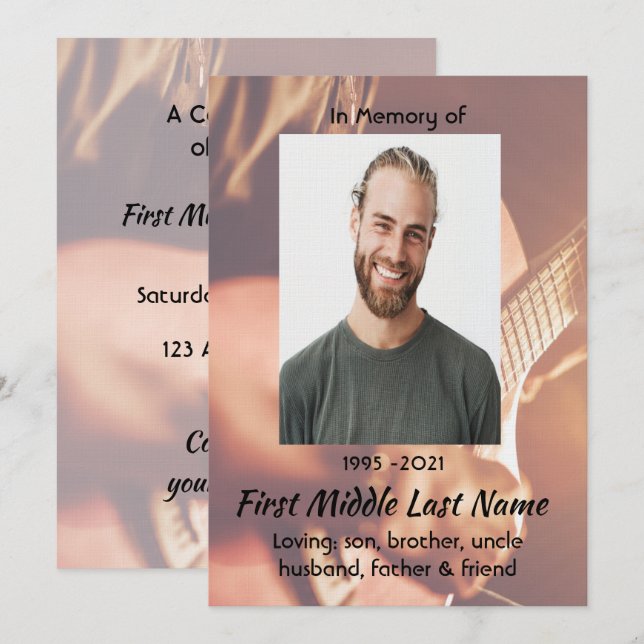 Convites Celebration of Life Service  Musician Piano Guitar (Frente/Verso)