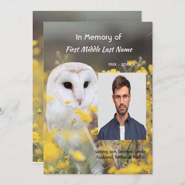 Convites Celebration of Life Service Photo Barn Owl Bird  (Frente/Verso)