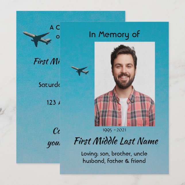 Convites Celebration of Life Service Pilot Airplane Flying (Frente/Verso)