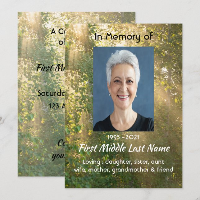 Convites Celebration of Life Service Sunshine Golden Forest (Frente/Verso)