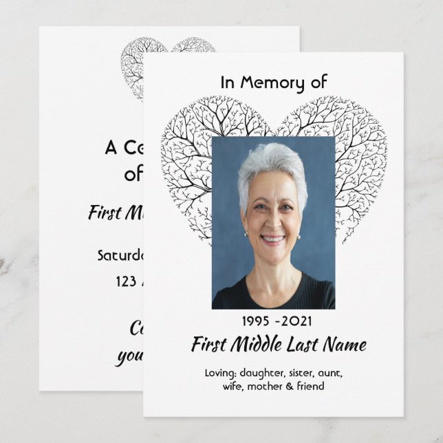 Convites Celebration of Life Service Tree Life Heart Love (Frente/Verso)