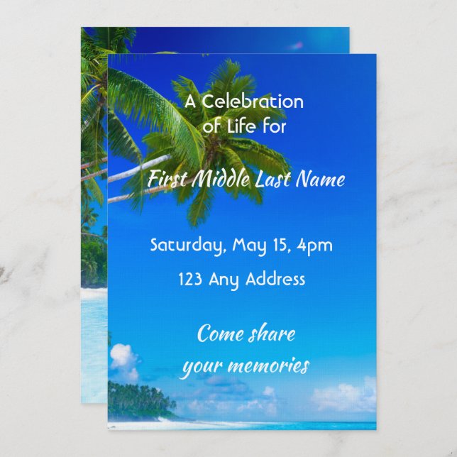 Convites Celebration of Life Service Tropical Beach Exotic (Frente/Verso)