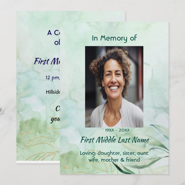 Convites Celebration of Life Service Watercolor Foliage  (Frente/Verso)