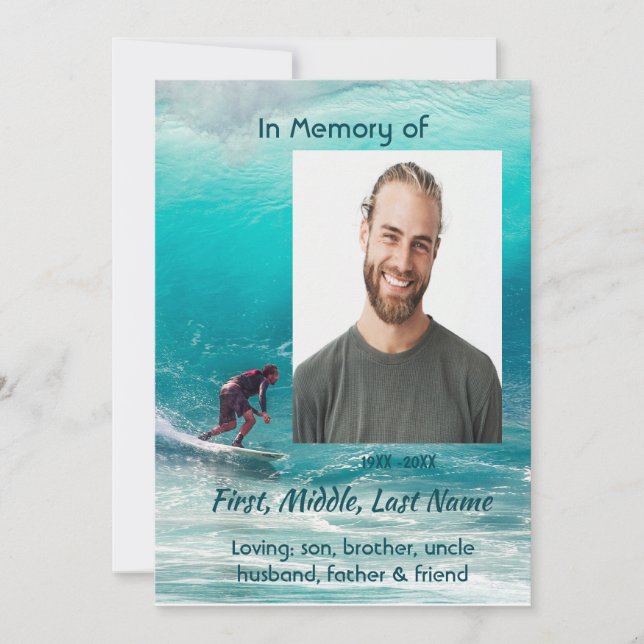 Convites Celebration of Life Service  Wave Surfer Water (Frente)