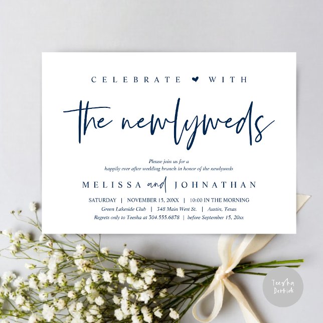 Convites Celebre com os noivos, Brunch de Casamento (Celebrate with the Newlyweds, Wedding Brunch Invitation Card, PDF, in modern Navy Blue)