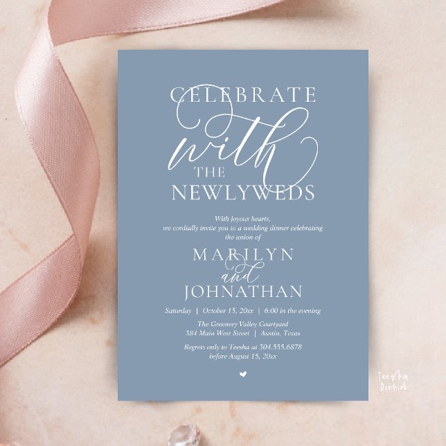 Convites Celebre com os noivos, Melhor Jantar de Casamento (Celebrate with the newlyweds, Best Wedding Elopement Dinner Party Invitation Card in dusty blue)