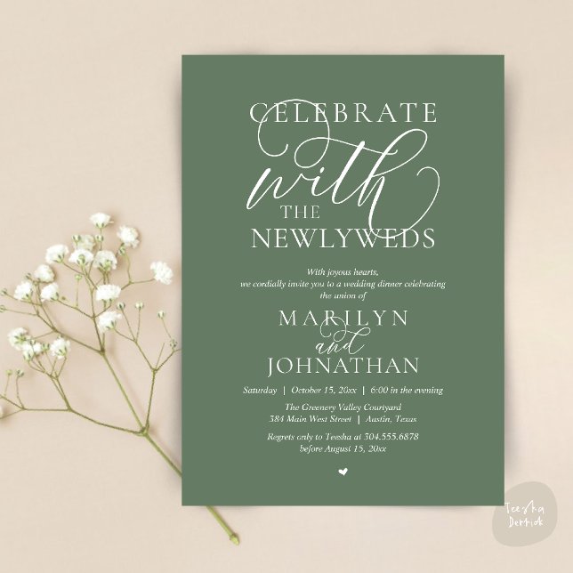 Convites Celebre com os noivos, Melhor Jantar de Casamento (Celebrate with the newlyweds, Best Wedding Elopement Dinner Party Invitation Card in sage green)