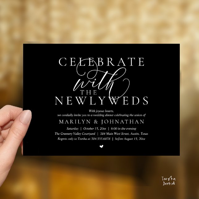 Convites Celebre com os noivos, Melhor Jantar de Casamento (Celebrate with the newlyweds, Best Modern Wedding Dinner Party Invitation Card in Classy Black)