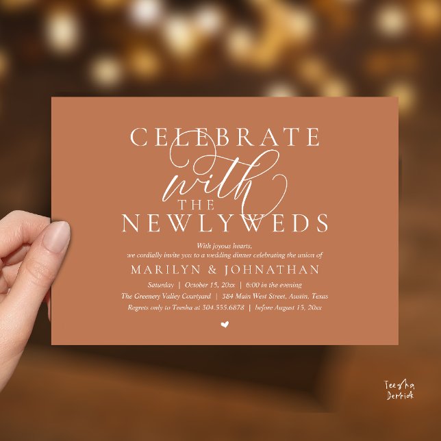 Convites Celebre com os noivos, Melhor Jantar de Casamento (Celebrate with the newlyweds, Best Modern Wedding Dinner Party Invitation Card in Copper Terracotta)