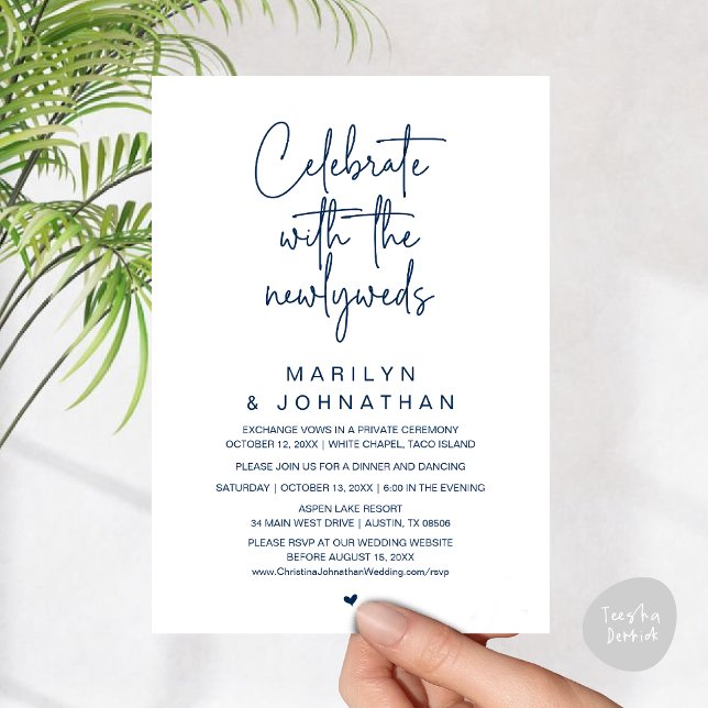 Convites Celebre Com os Recém-Casados, Jantar de Casamento (Celebrate With The Newlyweds, Wedding Invitation Card PDF Dinner Party Lunch Brunch Navy Blue)