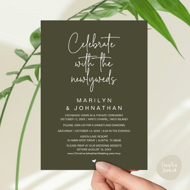 Convites Celebre Com os Recém-Casados, Jantar de Casamento (Celebrate With The Newlyweds, Wedding Invitation Card PDF Dinner Party Lunch Brunch Olive Green)