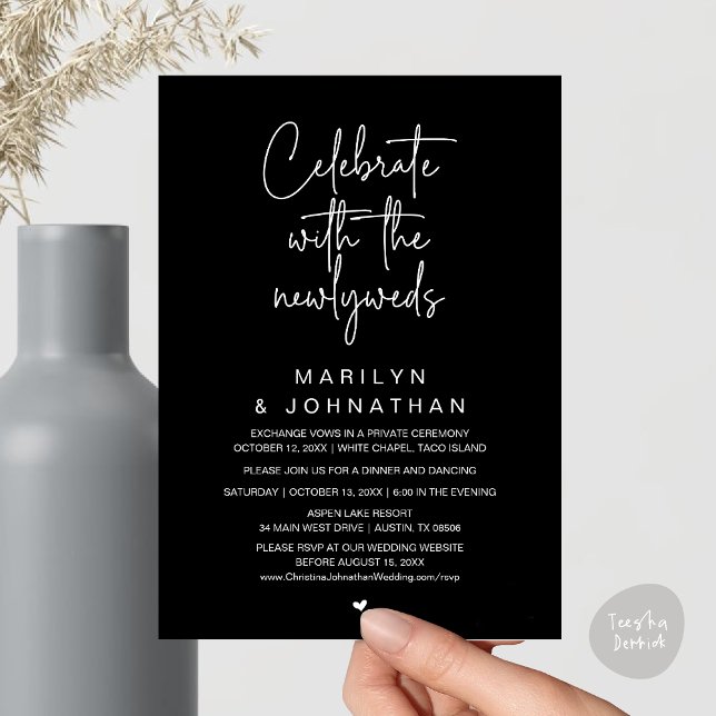 Convites Celebre Com os Recém-Casados, Jantar de Casamento (Celebrate With The Newlyweds, Wedding Invitation Card PDF Dinner Party Lunch Brunch Classy Black)