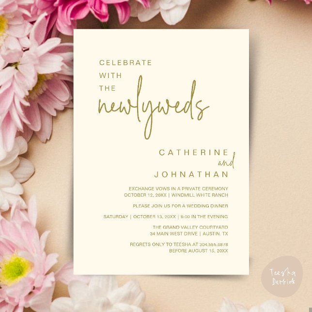 Convites Celebre Com os Recém-Casados Jantar de Casamento M (Celebrate With The Newlyweds Modern Wedding Minimalist Dinner Invitation Card in Yellow Gold Cream)