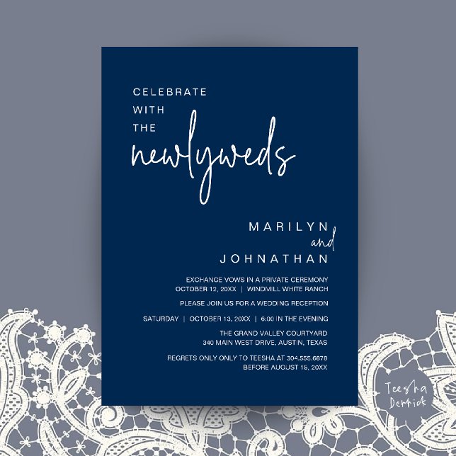 Convites Celebre Com os Recém-Casados, Recepção de Casament (Celebrate With The Newlyweds, Wedding Reception Dinner Invitation Card in Navy Blue)