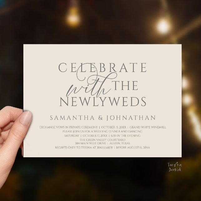 Convites Celebre com os Recém-Casados Recepção Elegante (Celebrate with the Newlyweds Elegant Reception Dinner Dancing Invitation Card in Cream Grey)