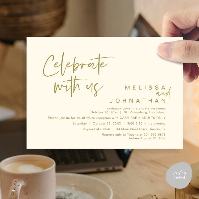 Convites Celebre conosco, Bar de recepção de casamento (Celebrate with us, Wedding Reception Dinner Cash Bar Adults Only Invitation Card PDF in Yellow Gold)