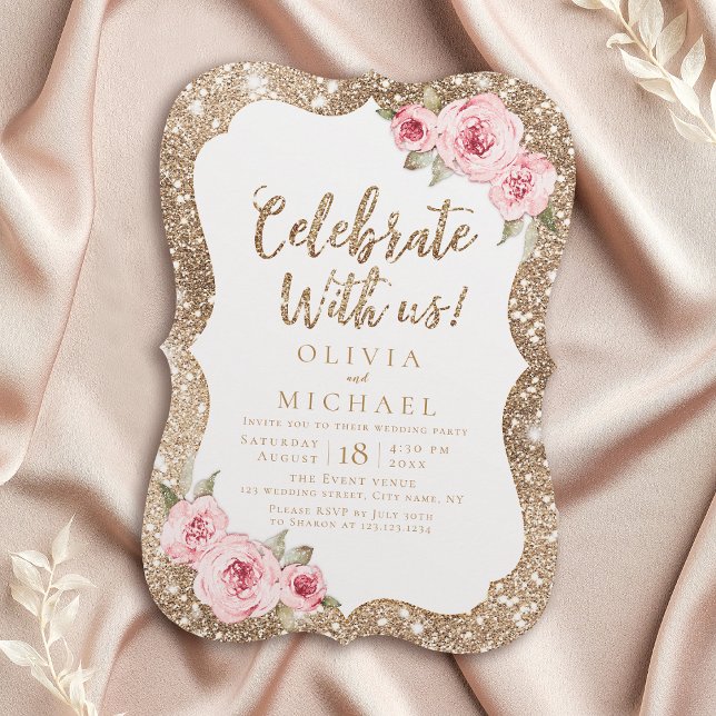 Convites Celebre Conosco! Brilho glitter e floral rosa (Celebrate With Us! Sparkle glitter and pink floral Invitation)