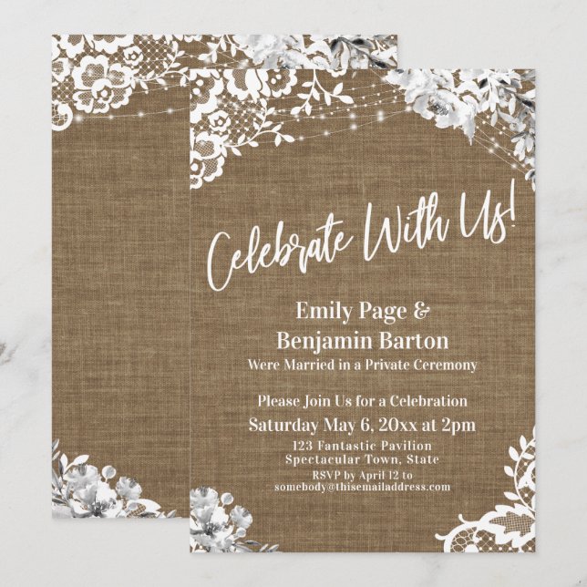 Convites Celebre Conosco! Burlap Lace Floral Lights Party (Frente/Verso)