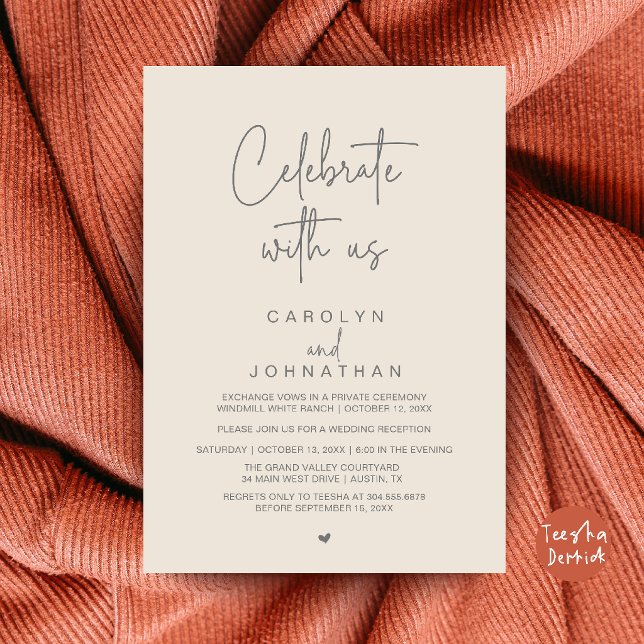 Convites Celebre conosco, Casamento Fuga Cream Grey (Celebrate with us, Wedding Elopement Reception Dinner Invitation Card Cream and Grey)