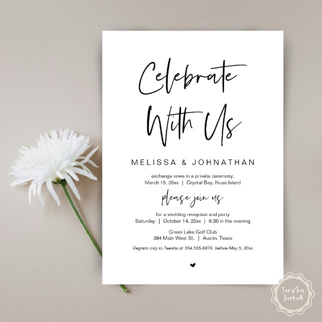 Convites Celebre conosco, Casamento Simples e Íntimo, Preto (Celebrate with us, modern wedding elopement dinner invitation card, pdf, in black and white)