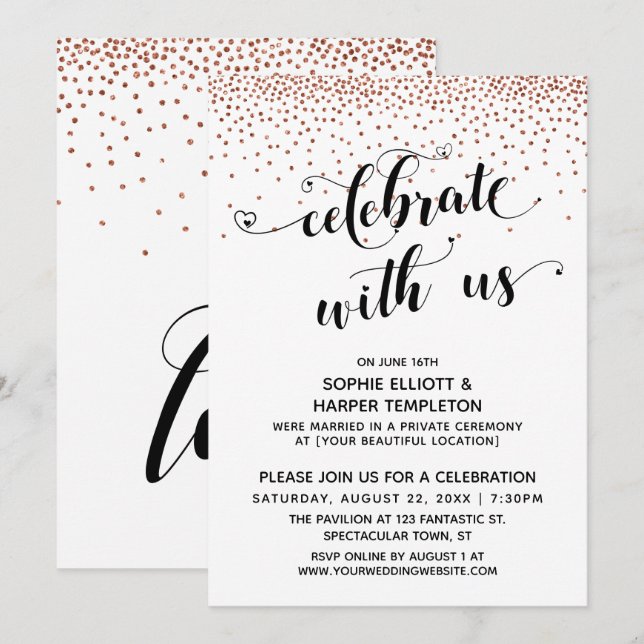 Convites Celebre Conosco Corações Script Confete de Cobre (Frente/Verso)