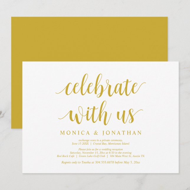Convites Celebre conosco, Dourado Amarelo, Casamento Intimo (Frente/Verso)