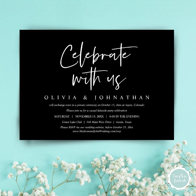 Convites Celebre conosco, Festa de Casamento Informal e Fug (Celebrate with us, Wedding Elopement Invitation Dinner, Lunch, Brunch Party, Card, PDF, Classy Black)
