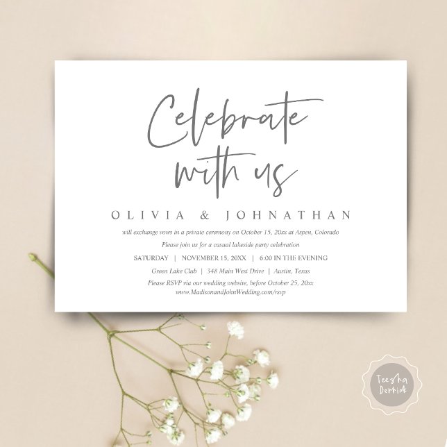 Convites Celebre conosco, Festa de Casamento Informal e Fug (Celebrate With Us, Wedding Elopement Brunch, Lunch, Dinner Party Invitation Card, PDF, dark grey)