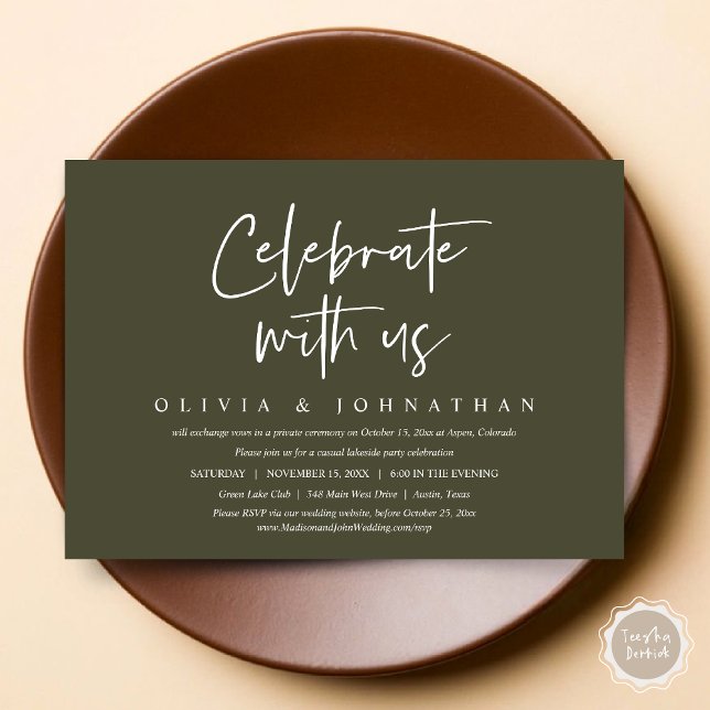 Convites Celebre conosco, Festa de Casamento Informal e Int (Celebrate With Us, Wedding Elopement Brunch, Lunch, Dinner Party Invitation Card, PDF, Olive Green)