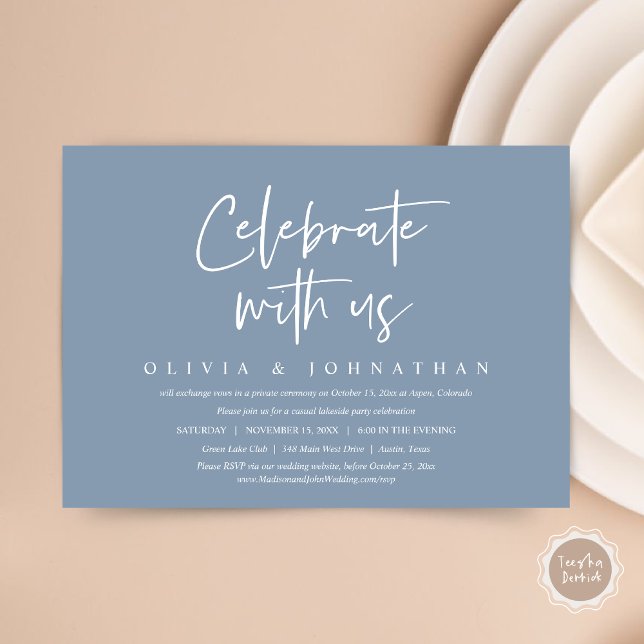 Convites Celebre conosco, Festa de Casamento Informal e Int (Celebrate With Us, Wedding Elopement Brunch, Lunch, Dinner Party Invitation Card, PDF, Dusty Blue)