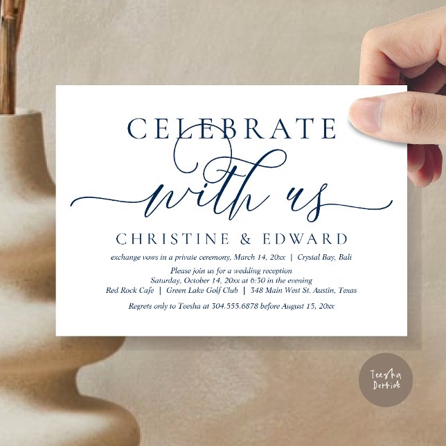 Convites Celebre conosco, Festa de Casamento Íntimo (Celebrate with us, Romantic Modern Wedding Elopement Invitation Card, PDF, in Navy Blue)