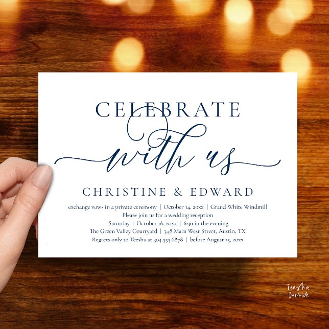 Convites Celebre conosco, Festa de Casamento Íntimo e Sofis (Celebrate with us, Wedding Elopement Dinner Brunch Lunch Party Invitation Card in Navy Blue)