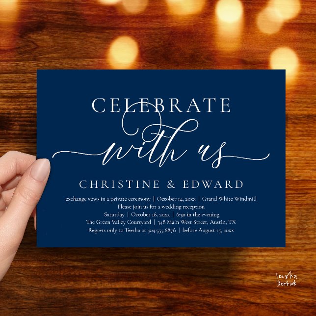 Convites Celebre conosco, Festa de Casamento Íntimo e Sofis (Celebrate with us, Wedding Elopement Dinner Brunch Lunch Party Invitation Card Navy Blue)