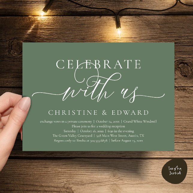 Convites Celebre conosco, Festa de Casamento Íntimo e Sofis (Celebrate with us, Wedding Elopement Dinner Brunch Lunch Party Invitation Card Sage Green)
