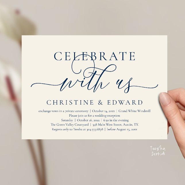 Convites Celebre conosco, Festa de Casamento Íntimo e Sofis (Celebrate with us, Wedding Elopement Dinner Brunch Lunch Party Invitation Card Navy Blue and Ivory)