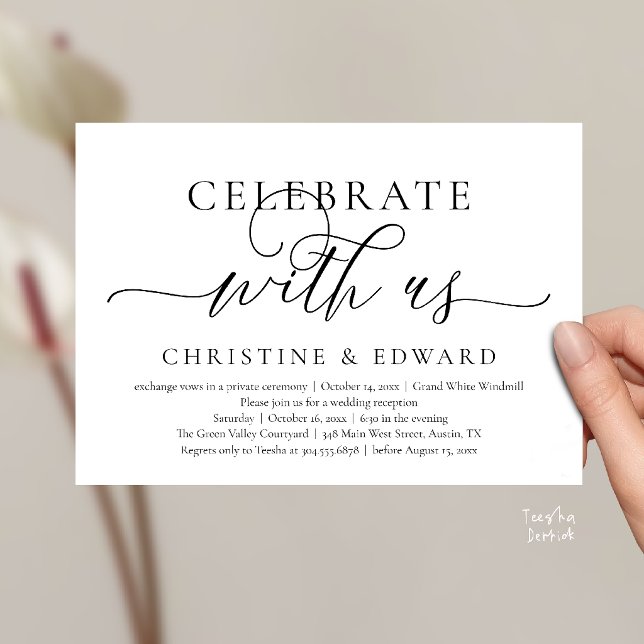 Convites Celebre conosco, Festa de Casamento Íntimo e Sofis (Celebrate with us, Wedding Elopement Dinner Brunch Lunch Party Invitation Card Black and White)