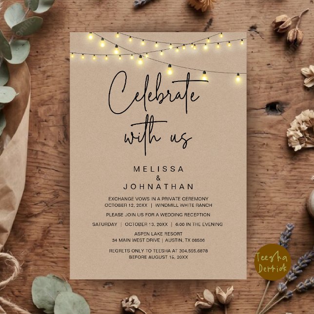Convites Celebre Conosco, Festa de Casamento Rústico e Fuga (Celebrate With Us, Rustic String Lights Wedding Elopement Party Invitation Card in Brown Kraft)
