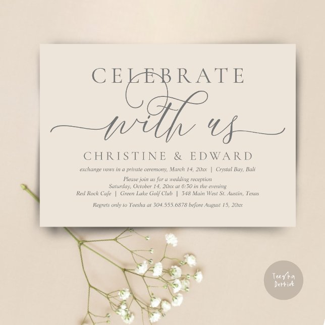 Convites Celebre conosco, Festa de Elopamento, Creme e Cinz (Celebrate with us, Romantic Modern Wedding Elopement Invitation Card, PDF, in Cream Grey)