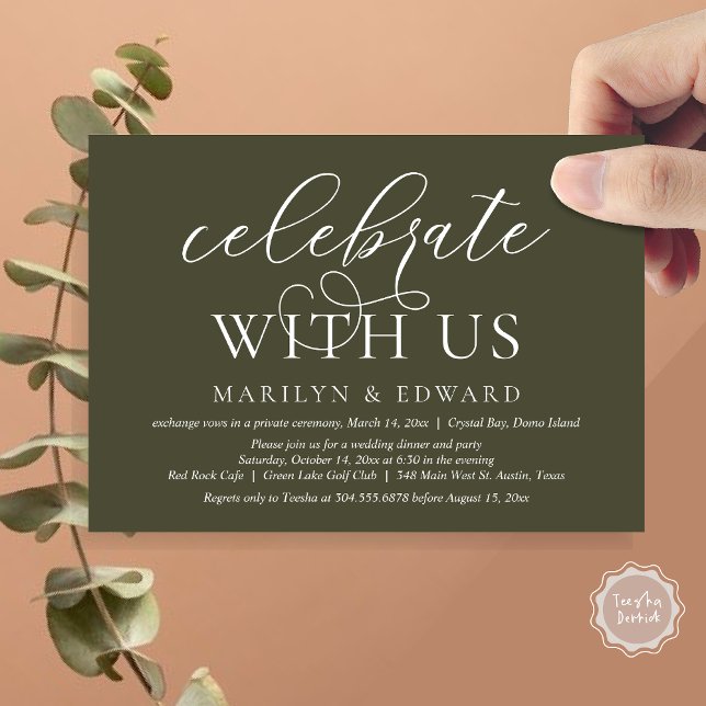 Convites Celebre conosco, Festa de Elopamento de Casamento (Celebrate With Us, Modern Wedding Dinner Invitation Card, PDF, in Olive Green)