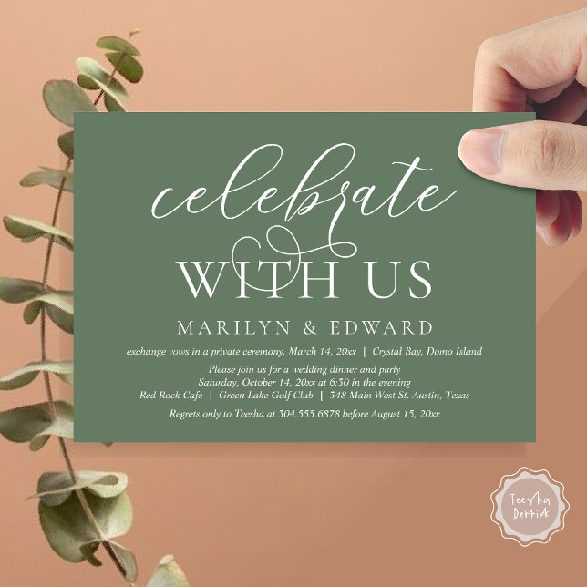 Convites Celebre conosco, Festa de Elopamento de Casamento (Celebrate With Us, Modern Wedding Dinner Invitation Card, PDF, in Forest Sage Green)