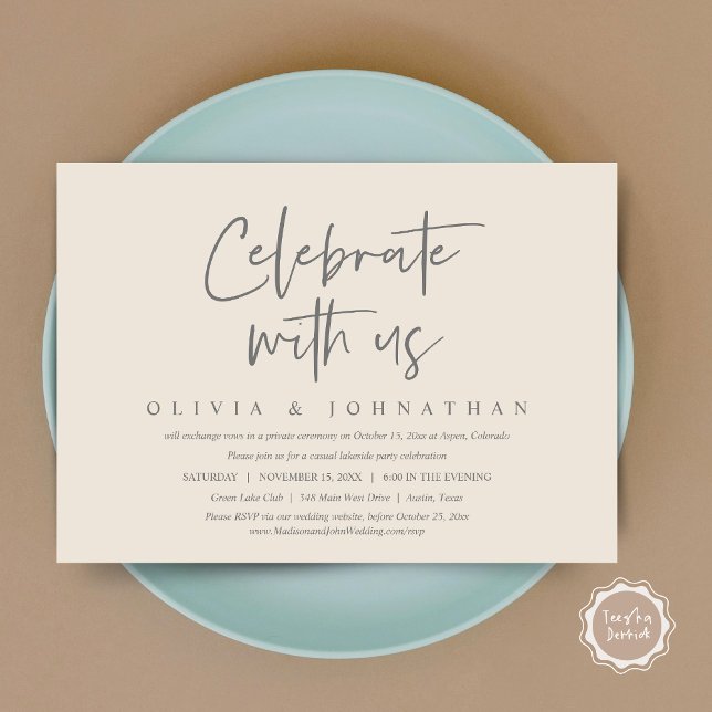 Convites Celebre conosco, Festa de Elopamento de Casamento  (Celebrate With Us, Wedding Elopement Brunch, Lunch, Dinner Party Invitation Card, PDF, Cream Grey)