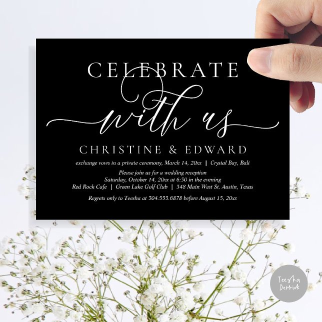 Convites Celebre conosco, Festa de Elopamento, Preto Clássi (Celebrate with us, Romantic Modern Wedding Elopement Invitation Card, PDF, in timeless Black)