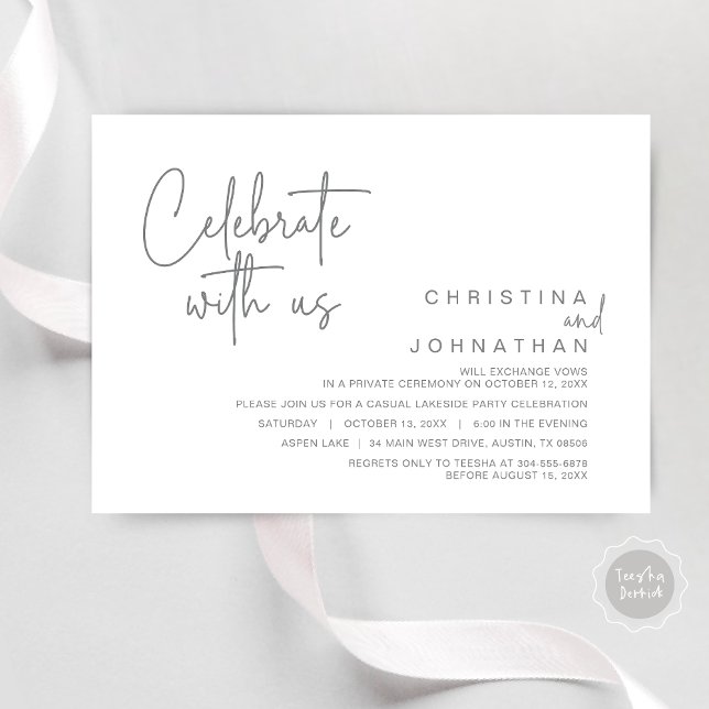 Convites Celebre conosco, Festa de Elopement Pós-Casamento  (Celebrate with us, Modern Wedding Elopement Dinner Party Invitation Card, PDF, in Dark Grey)