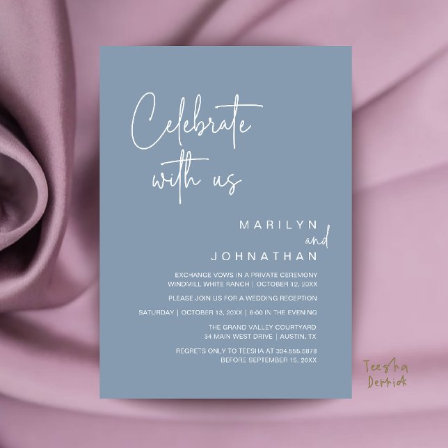 Convites Celebre conosco, Festa de Recepção de Casamento Mo (Celebrate with us, Modern Wedding Reception Dinner Party Invitation Card in Dusty Blue)