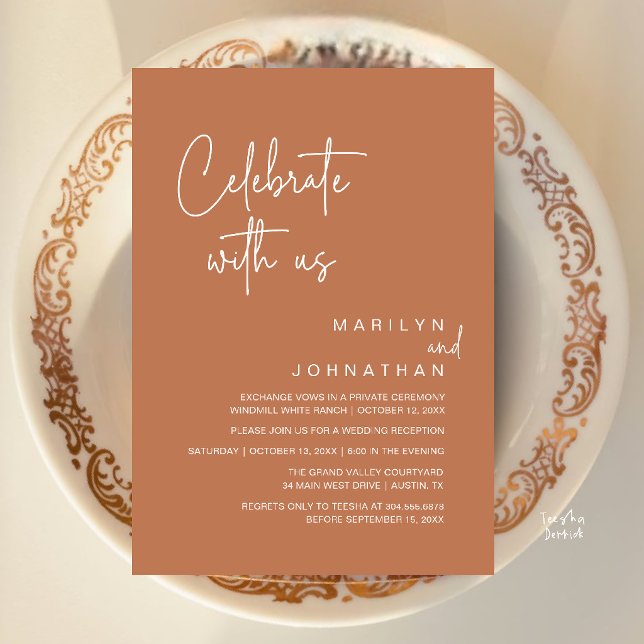 Convites Celebre conosco, Festa de Recepção de Casamento Mo (Celebrate with us, Modern Wedding Reception Dinner Party Invitation Card in Copper Brown Terracotta)