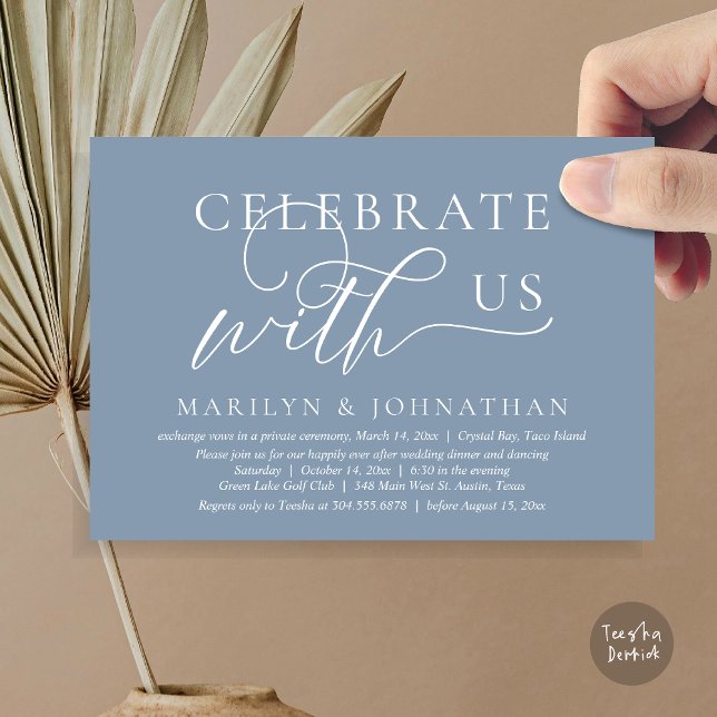 Convites Celebre conosco Jantar Dançante de Casamento Intim (Celebrate with us Wedding Elopement Dinner Dancing Invitation Card, PDF, Dusty Blue)