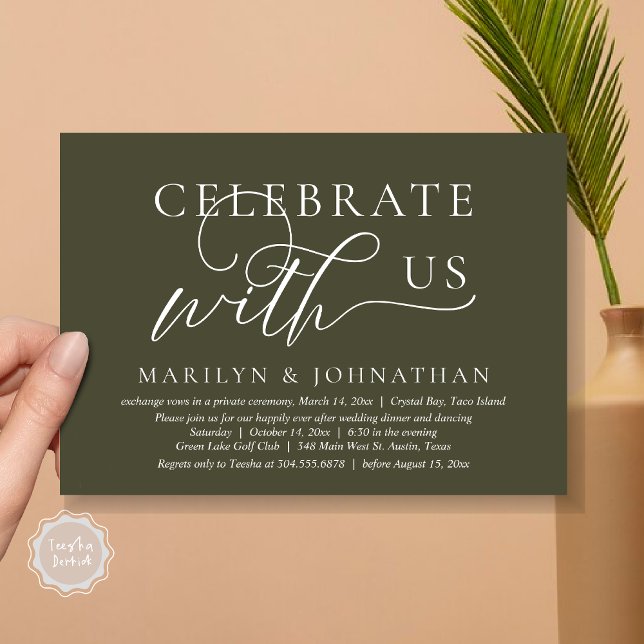 Convites Celebre conosco Jantar Dançante de Casamento Intim (Celebrate with us Wedding Elopement Dinner Dancing Invitation Card, PDF, Olive Green)