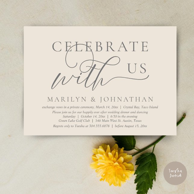 Convites Celebre conosco Jantar de Casamento Dança Fuga (Celebrate with us Wedding Elopement Dinner Dancing Invitation Card, PDF, Cream Grey)